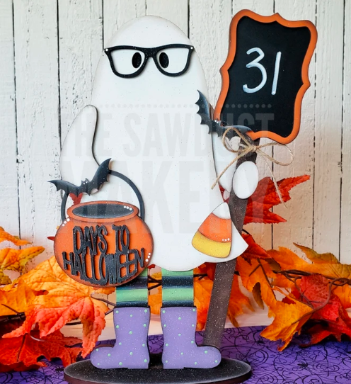 DIY Halloween Countdown Ghost Shelf Sitter Kit – Standing Ghost with Pumpkin Basket & Writable “Days to Halloween” Sign