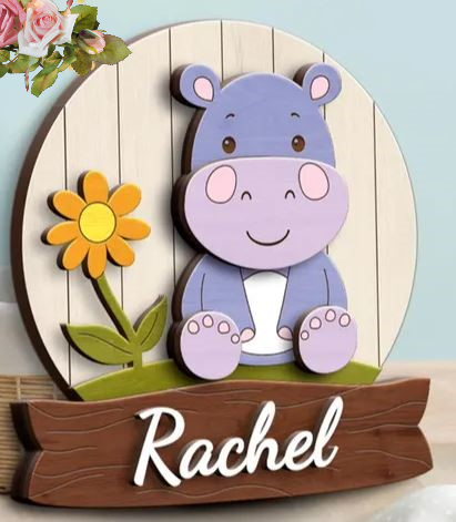 🦛 DIY Hippo Name Wall Sign Kit – Personalized Wooden Nursery Decor with Flower Accent