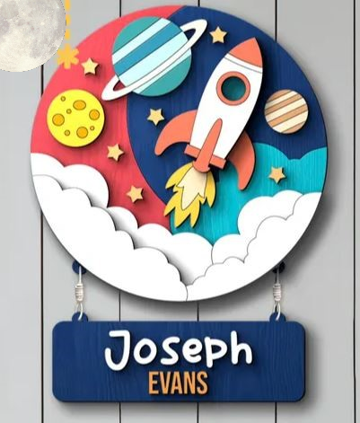 🚀 DIY Rocket Space Name Wall Sign Kit – Personalized Wooden Outer Space Decor for Kids' Room