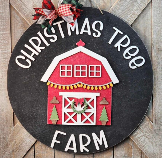 DIY Christmas Tree Farm Door Hanger Kit – Round Red Barn Holiday Sign for Front Door