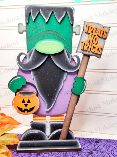 DIY Frankenstein Gnome Shelf Sitter Kit – Halloween Craft with “Treats No Tricks” Sign & Pumpkin Basket