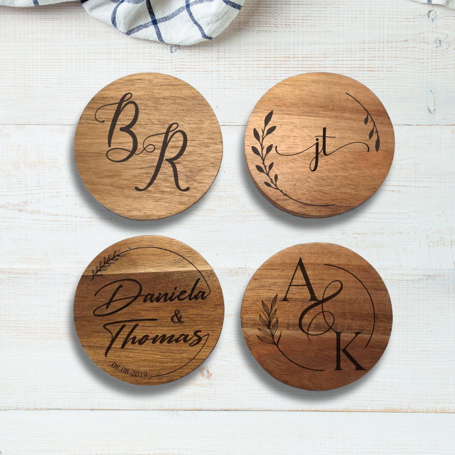 Engravable Round Acacia Wood Coaster set of 4