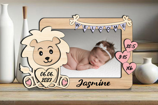 🦁 Personalized Baby Picture Frame – Lion Theme with Birth Details