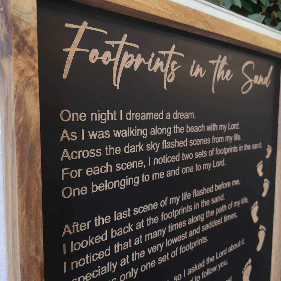 Engraved Footprints in the Sand Wooden Wall Sign