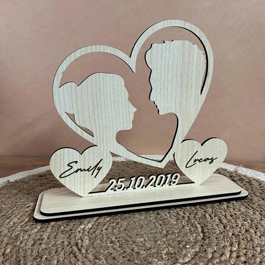 Custom Made Couple Silhouette in Heart – Personalized Romantic Wooden Sign with Names & Date | Laser Cut Wedding, Valentine, or Anniversary Gift
