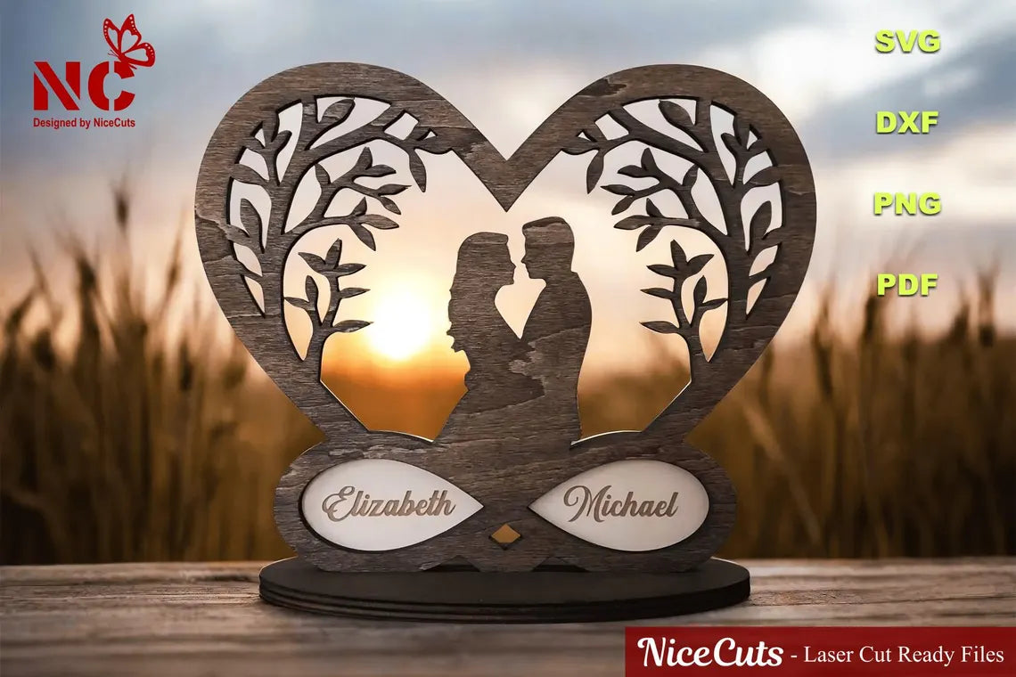 Custom Couple Under Tree in Heart Design – Personalized Romantic Scene with Names | Laser Cut Wedding, Engagement, or Anniversary Gift