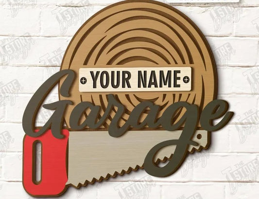 Personalized Log & Saw Garage Sign – Rustic Custom Name Workshop Decor