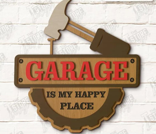 🛠️ "GARAGE – IN MY HAPPY PLACE" Wooden Wall Sign with Hammer & Gear Design