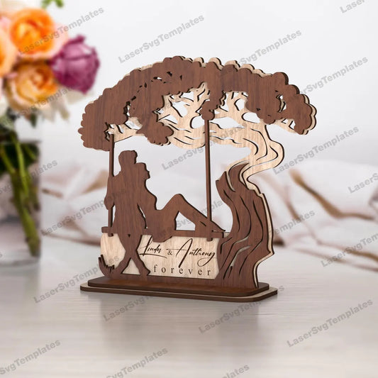 Custom Made Couple on Swing Under Tree – Personalized Romantic Wooden Sign with Names
