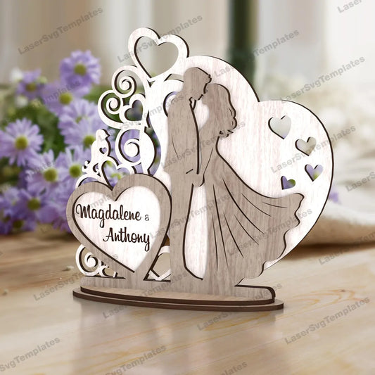 Custom Engraved Wooden Wedding Couple Decor – Personalized Bride & Groom Silhouette Tabletop Ornament with Names – Romantic Gift