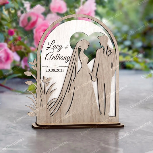 Personalized Bride & Groom Wedding Standee – Custom Name and Date Wooden Decor, Anniversary or Wedding Gift