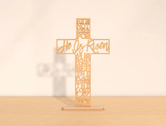 ✝️ "He Is Risen" Cross Shelf Stand – Engraved Easter Scripture Décor