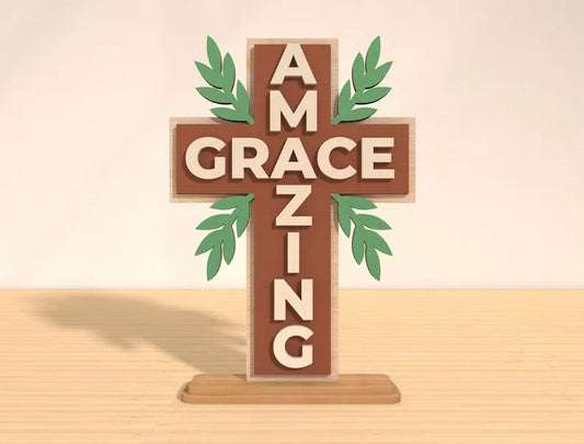 ✝️ "Amazing Grace" Cross Shelf Decor – Layered Wood with Greenery