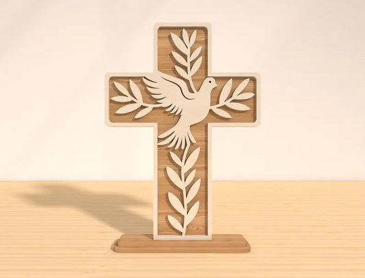 ✝️ Dove & Olive Branch Cross – Wooden Peace Symbol Shelf Sitter