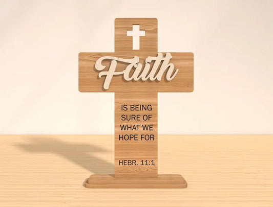 ✝️ "Faith" Hebrews 11:1 Wooden Cross Shelf Sitter – Inspirational Verse