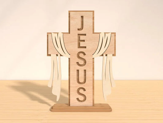 ✝️ "Jesus" Drape Cross Shelf Sitter – Symbol of Resurrection & Grace
