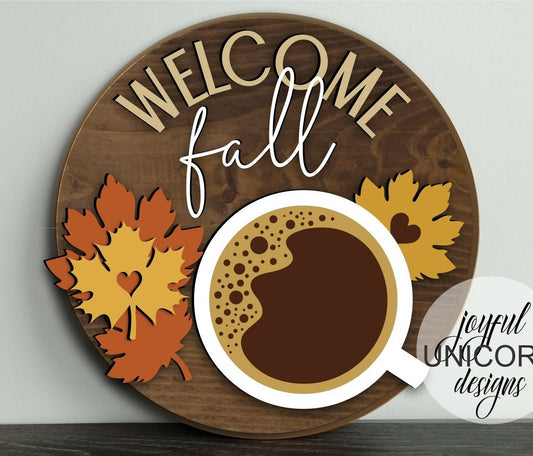 DIY Wooden Welcome Fall Door Sign Kit – Round Autumn Decor with Coffee & Leaves