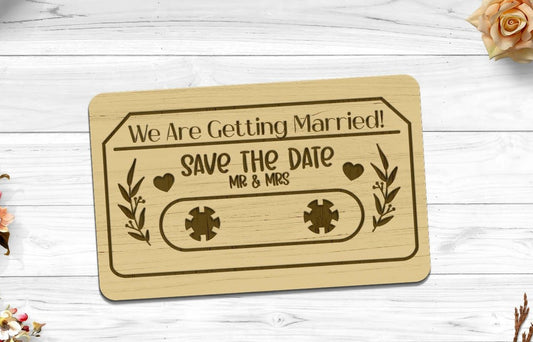 Custom Wooden Cassette Tape Save the Date – Retro Music-Themed Wedding or Event Invite