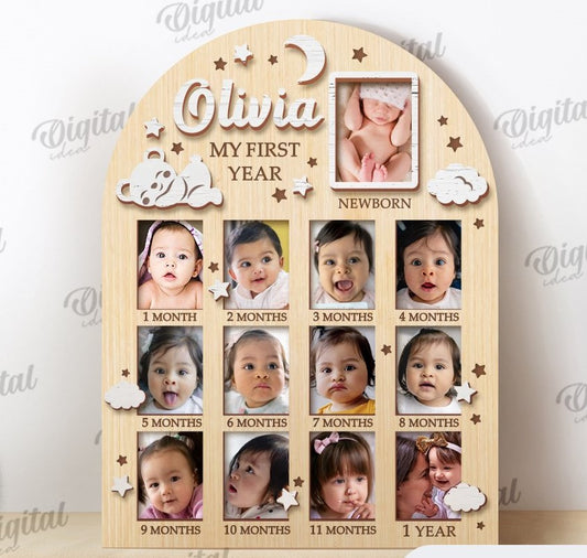 🍼 Custom Baby Milestone Photo Frame – “My First Year” with Name Personalization