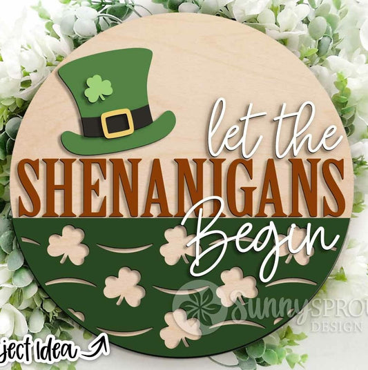DIY Let the Shenanigans Begin Door Hanger Kit – Round Irish Sign with Shamrocks & Leprechaun Hat