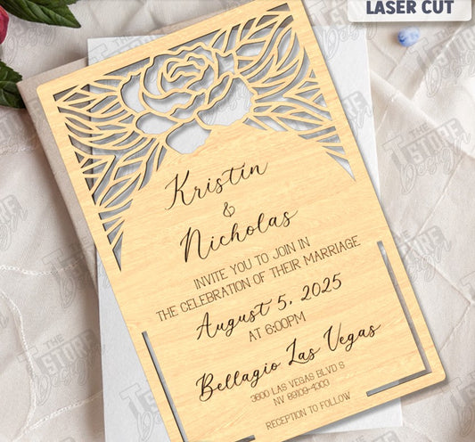 Elegant Laser Cut Wooden Wedding Invitation with Rose Design – Romantic Floral Keepsake
