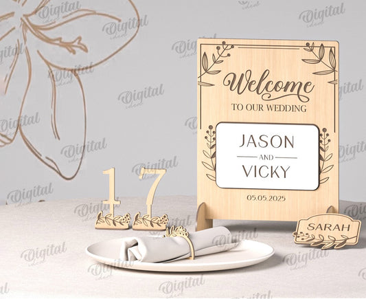 💒 Personalized Wooden Wedding Table Decor Set – Welcome Sign, Table Numbers, Name Tags & Napkin Holders