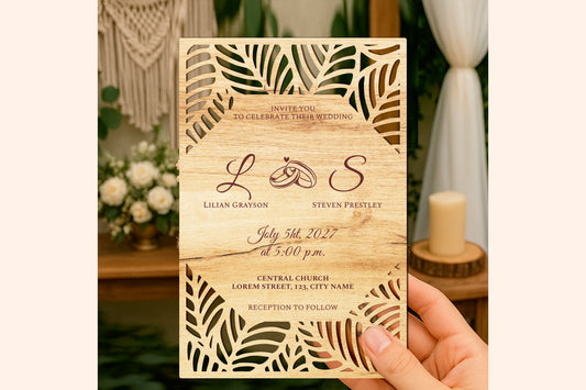 Tropical Leaves Wooden Laser Engraved Invitation – Customizable Event Invite