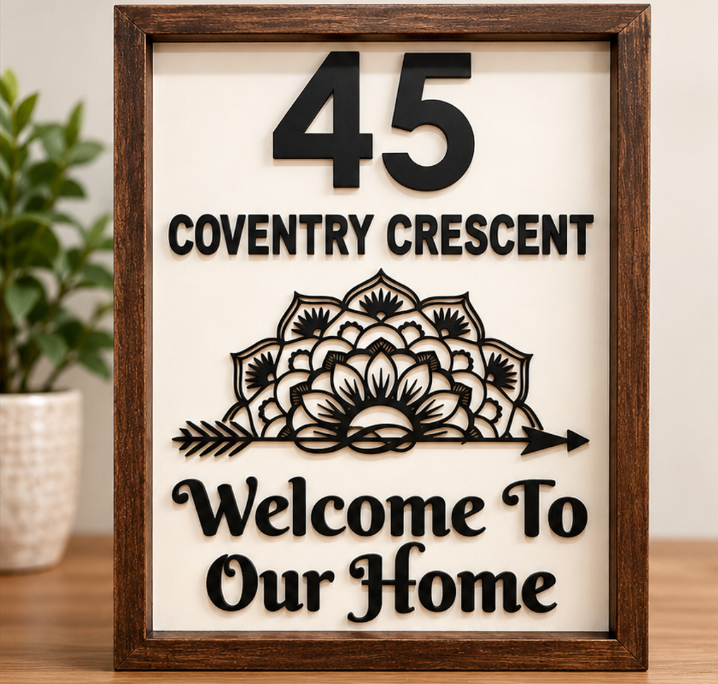 Custom Wooden Framed Wall Sign with Indian-Inspired Mandala Design | Personalized Laser-Cut Home Decor