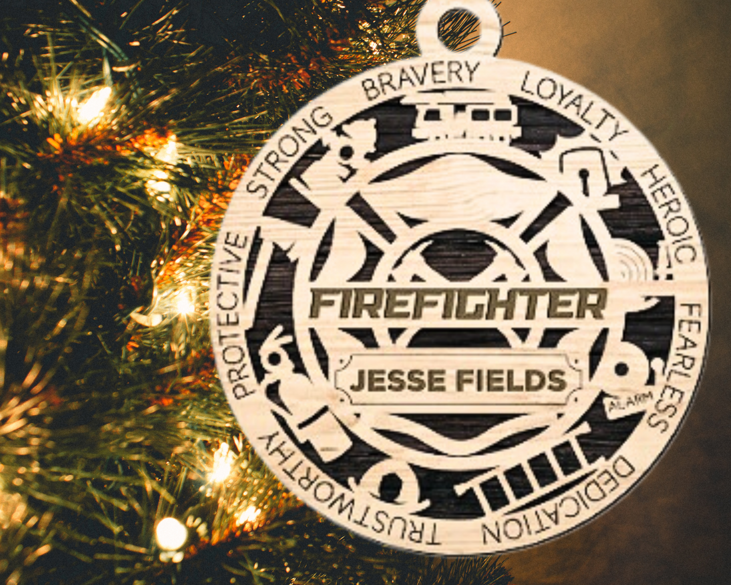 Personalized Firefighter Christmas Ornament – Custom Name Engraving | Handcrafted from Canadian Maple