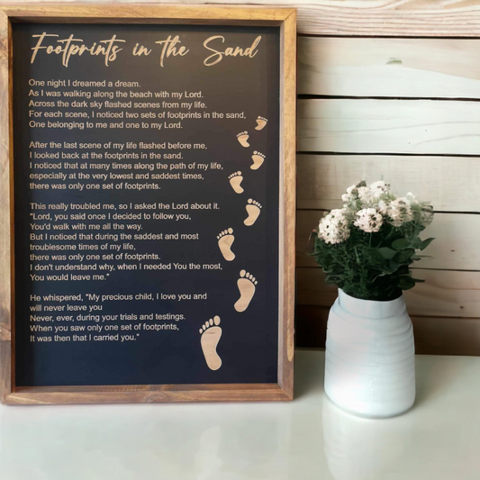 Engraved Footprints in the Sand Wooden Wall Sign