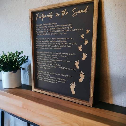 Engraved Footprints in the Sand Wooden Wall Sign