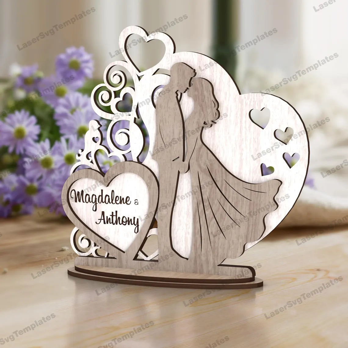 Custom Engraved Wooden Wedding Couple Decor – Personalized Bride & Groom Silhouette Tabletop Ornament with Names – Romantic Gift